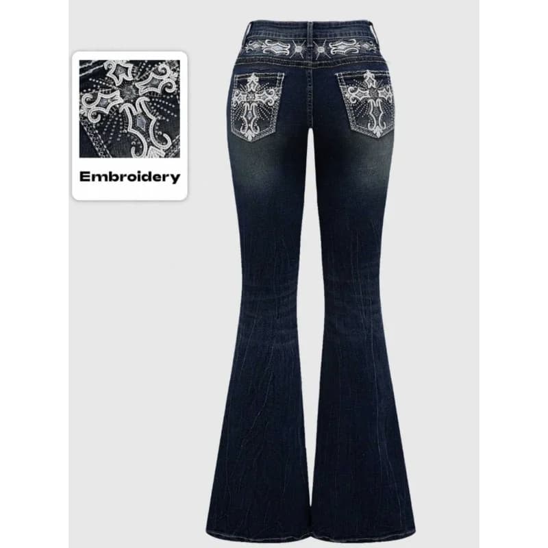 Abbigliamento femminile popolare per il commercio transfrontaliero europeo e americano, con lavaggio scuro, tasche ricamate e decorazioni in strass.