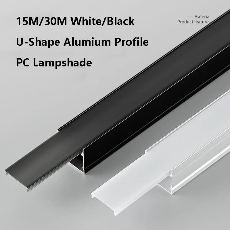 PC lampshade with U-shaped aluminium profile white/black 15M/30M Tape for wardrobe with rigid strip Replaceable cover accessories