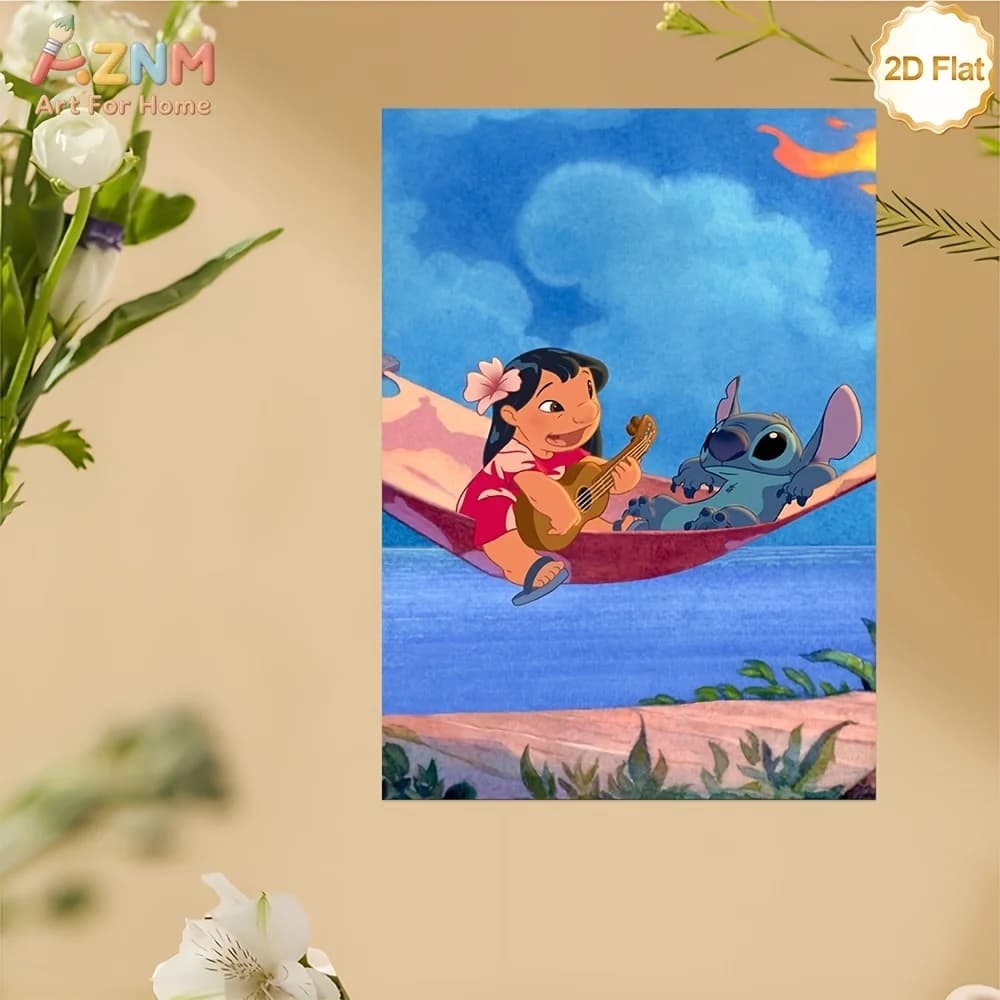 AZNM Lilo & Stitch Ukulele Hammock Stampa su tela senza cornice, stampa a tema spiaggia hawaiana, decorazione per la casa e la cameretta dei bambini