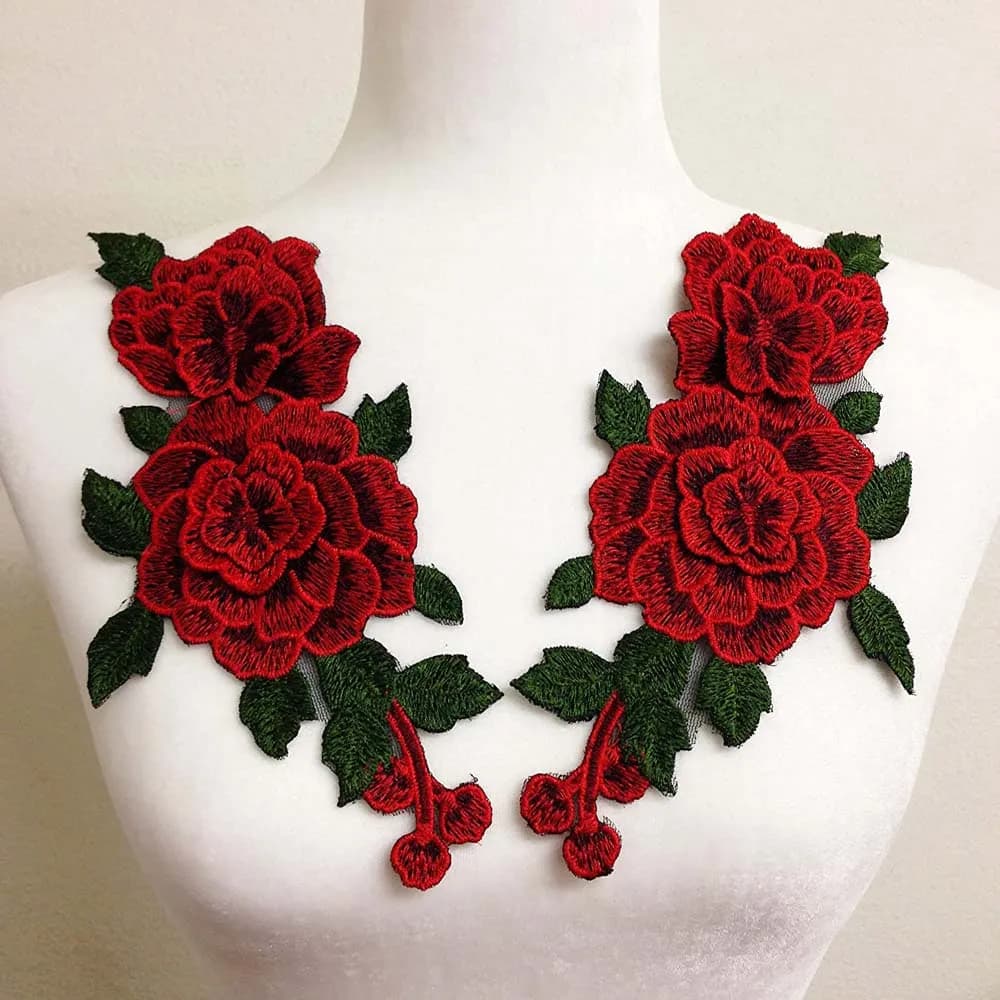 1 paio di toppe ricamate rosse a forma di rosa da cucire su vestiti, cappelli, borse, jeans, applicazioni artigianali, accessori per abbigliamento 23*12CM