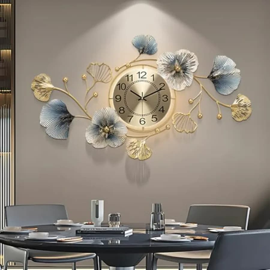 Grandi Orologi da Parete in Metallo con Luce LED, Silenziosi, Decorativi e Creativi, Orologi 3D a Forma di Foglia di Ginkgo per Soggiorno, Camera da Letto e Cucina