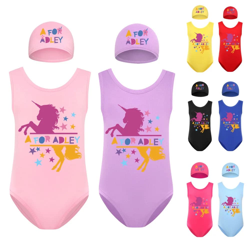 A per Adley Costume da bagno per ragazze Set cuffia da bagno Set vasca da bagno per bambini Costume da bagno intero giallo per ragazza Bikini per costume da bagno estivo