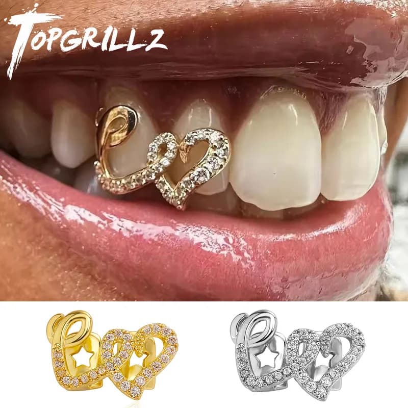 TOPGRILLZ Double Heart Teeth Caps for Women Men Punk Hip Hop Zircon Hollow Love Tooth Grillz Couple Jewelry Accessories