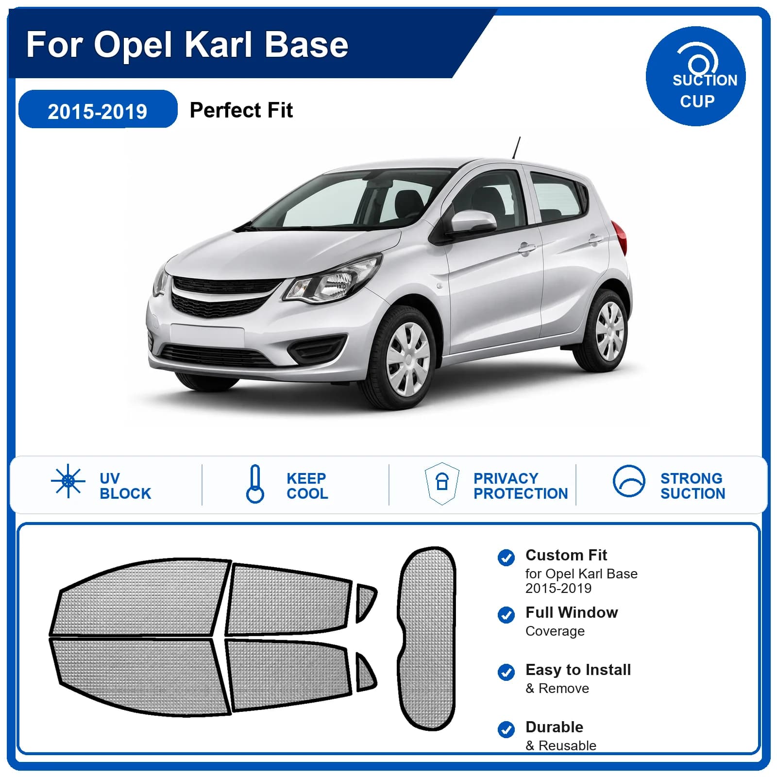 For Opel Karl Base 2015-2019 Custom Full Set Windshield Sun Shade Aluminum Foil Heat Insulation Anti UV Foldable