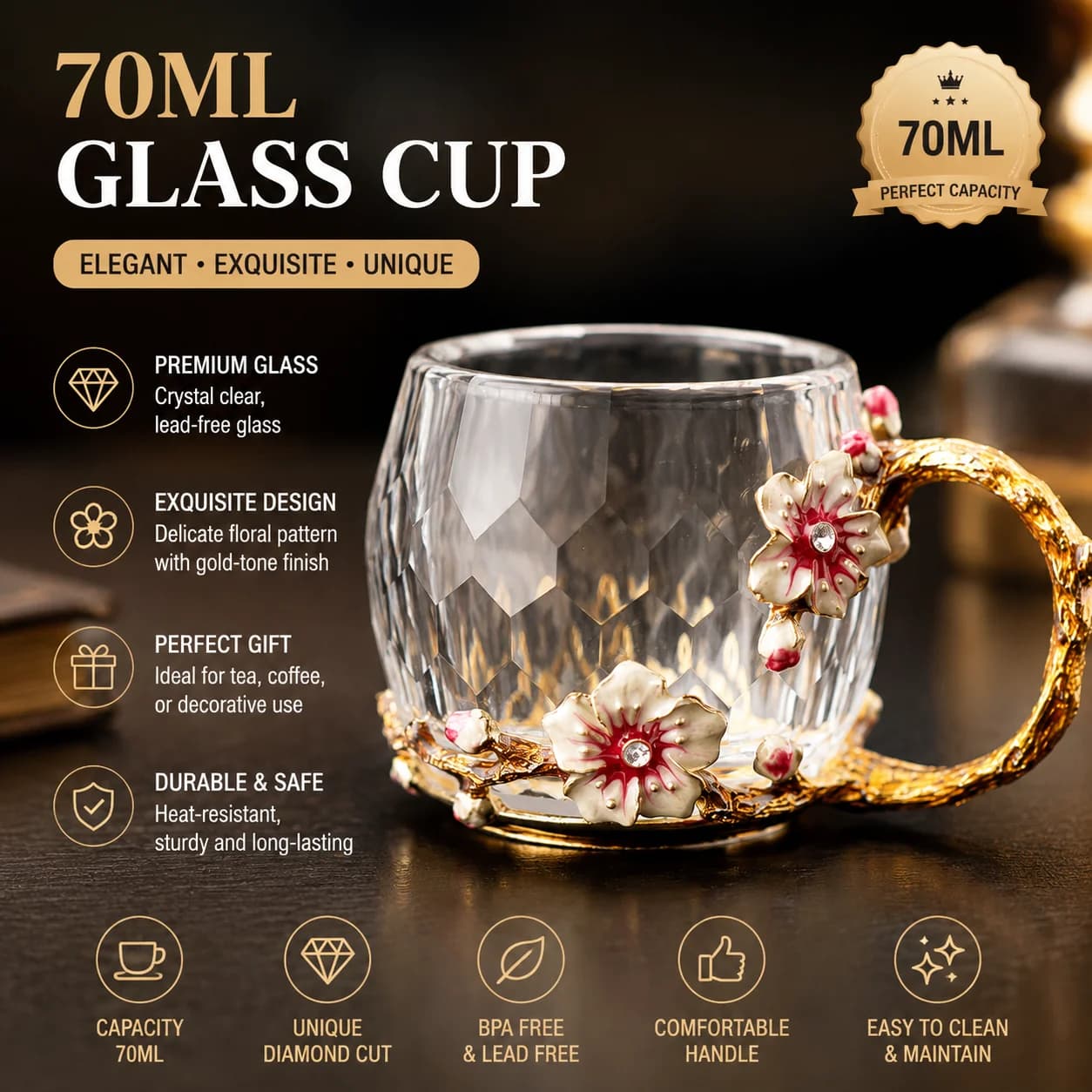 Chinese Style Enamel Plum Blossom Tea Cup, Crystal Glass Cut Surface with Handle Luxury Teacup - Premium Gift for Tea Lovers