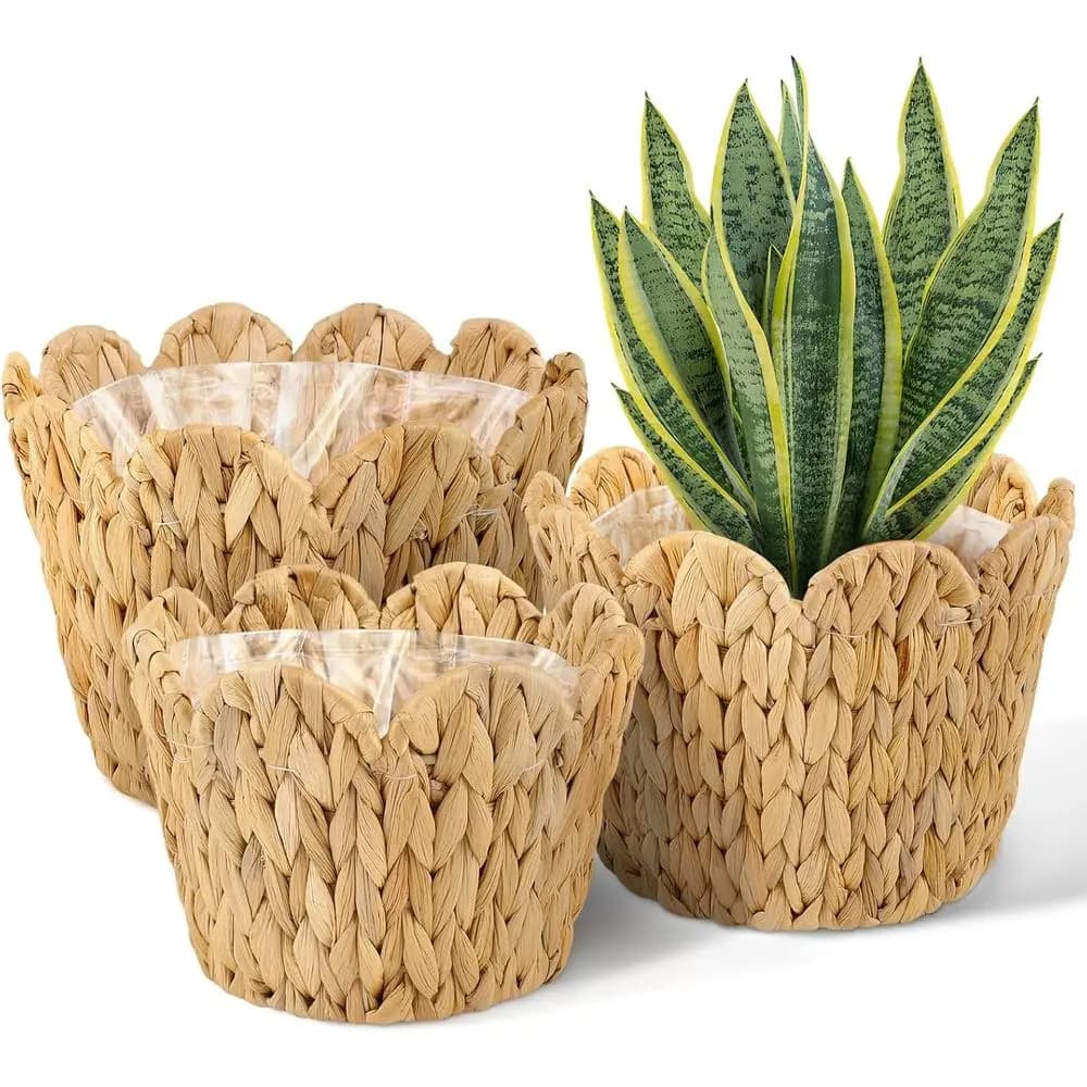 ZUNKNOD Set of 3 Plant Baskets in Vimins with Corrugated Edge, Plant Baskets with Plastic Coating for Interior, Hand-woven Vases in Water Jacinto