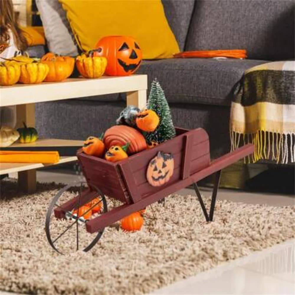 2 In 1 Wooden Wheelbarrow Planter With 9 Magnetic Accessories, Rustic Wagon Style Flower Pot Container for Indoor Outdoor Garden Decor, Patio Porch Balcony Backyard Planting Display, Perfect Housewarming Gift 38.9L