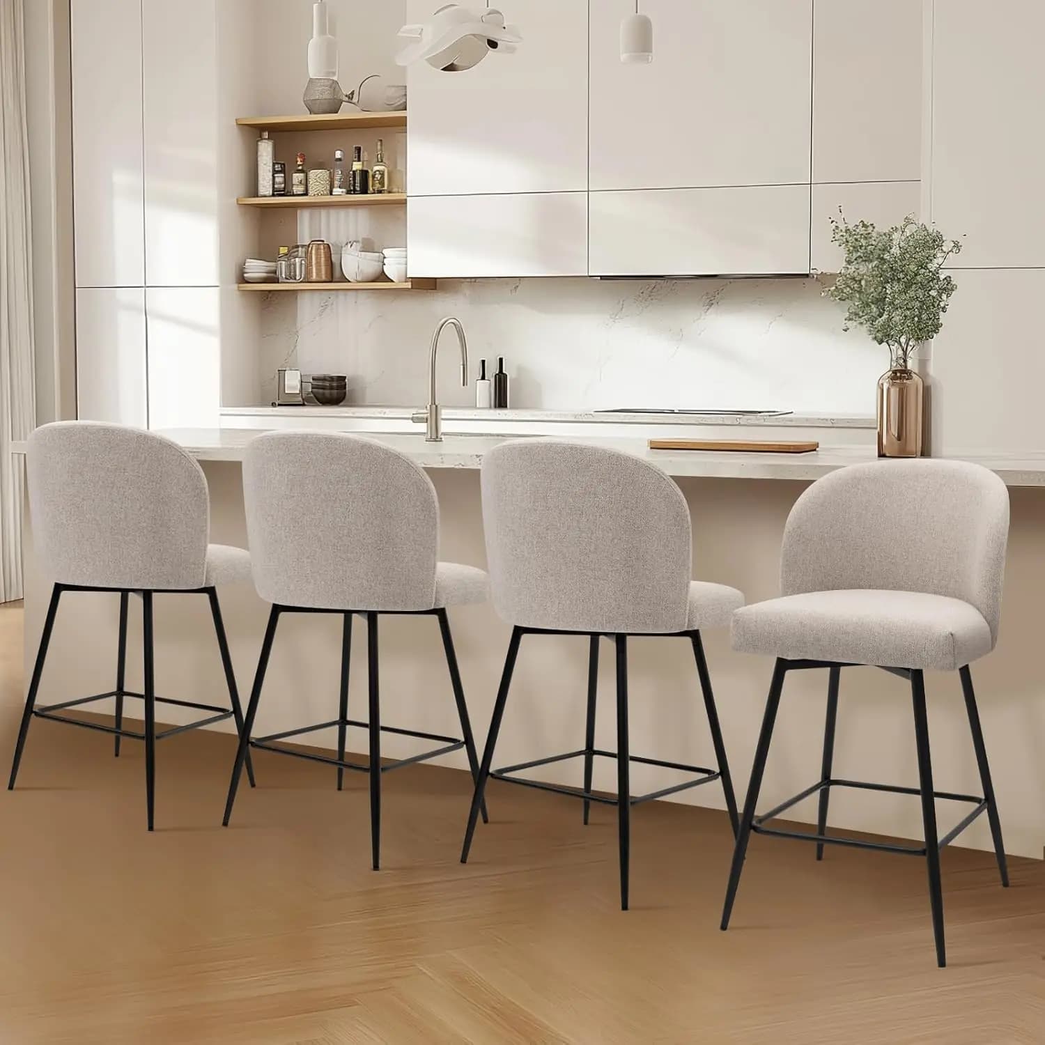 Set di 4 sgabelli da bar a altezza bancone, 360 ° Sgabelli da Bar Girevoli Imbottiti con Schienale e Gambe in Metallo, Altezza Seduta 26 Pollici, Personalizzabili
