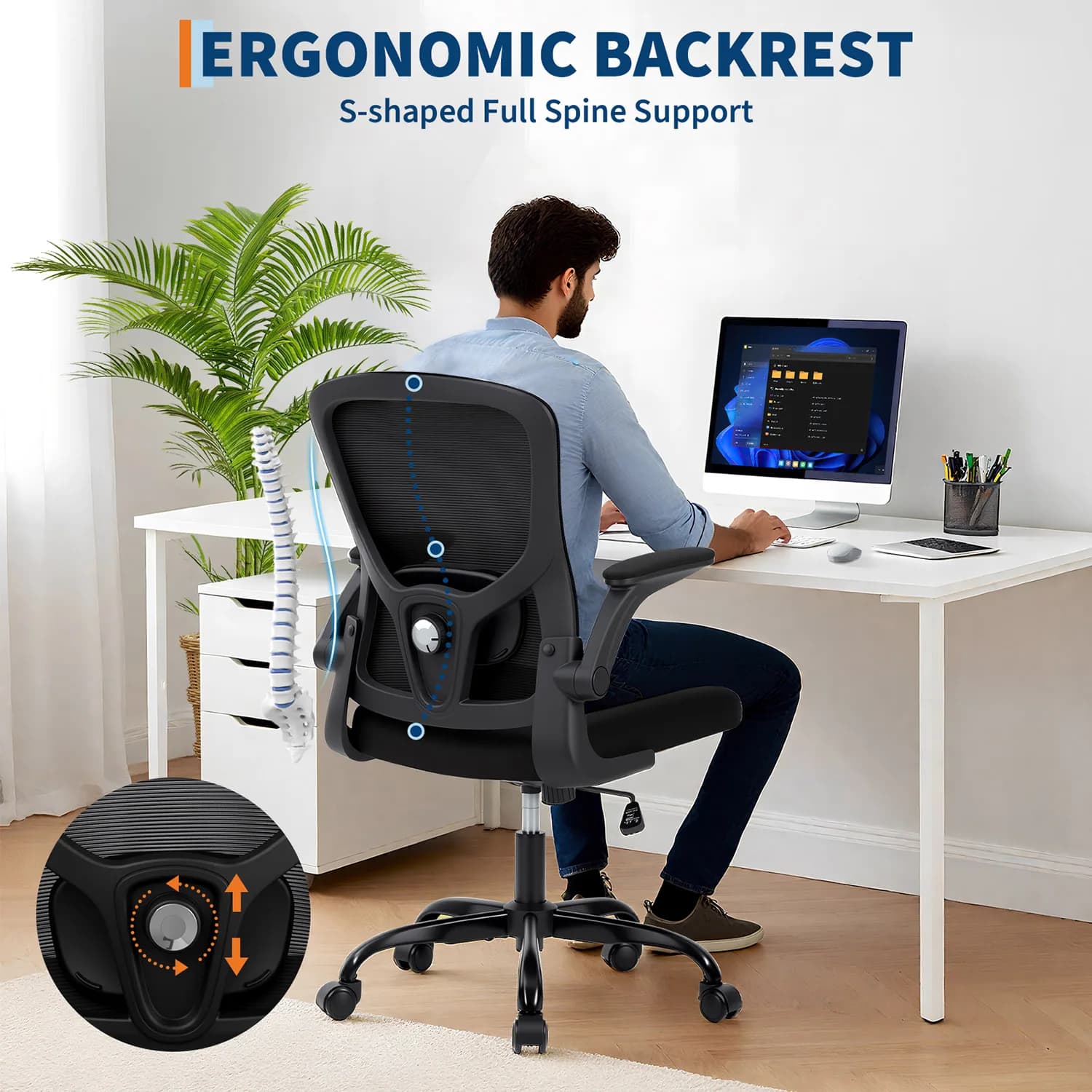 Sedia da Ufficio Ergonomica in Rete - Supporto Lombare Regolabile/Braccioli Ribaltabili - Sedia Girevole con Schienale Alto per Casa, Ufficio e Studio