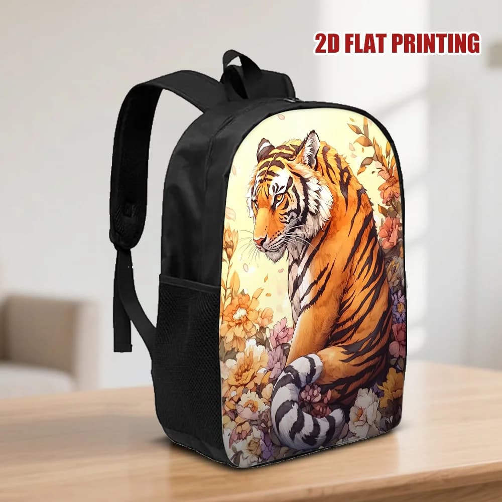A majestic backpack with tiger print - light school bag, large storage space, design with tiger and flowers, zipper opening