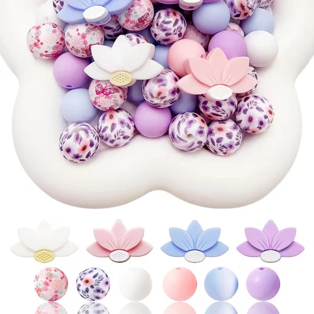 Set di perline in silicone a forma di fiore di loto da 25/34/53/54 pezzi, perfetto per lavori artigianali fai-da-te come portachiavi, collane, braccialetti, ecc.