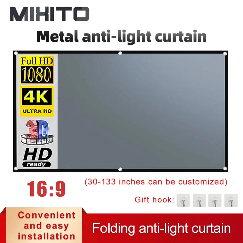 MIXITO Bordo nero con foro 16:9 Schermo di proiezione anti-luce grigio Schermo per proiettore portatile da 30-133 pollici per ufficio domestico all'aperto