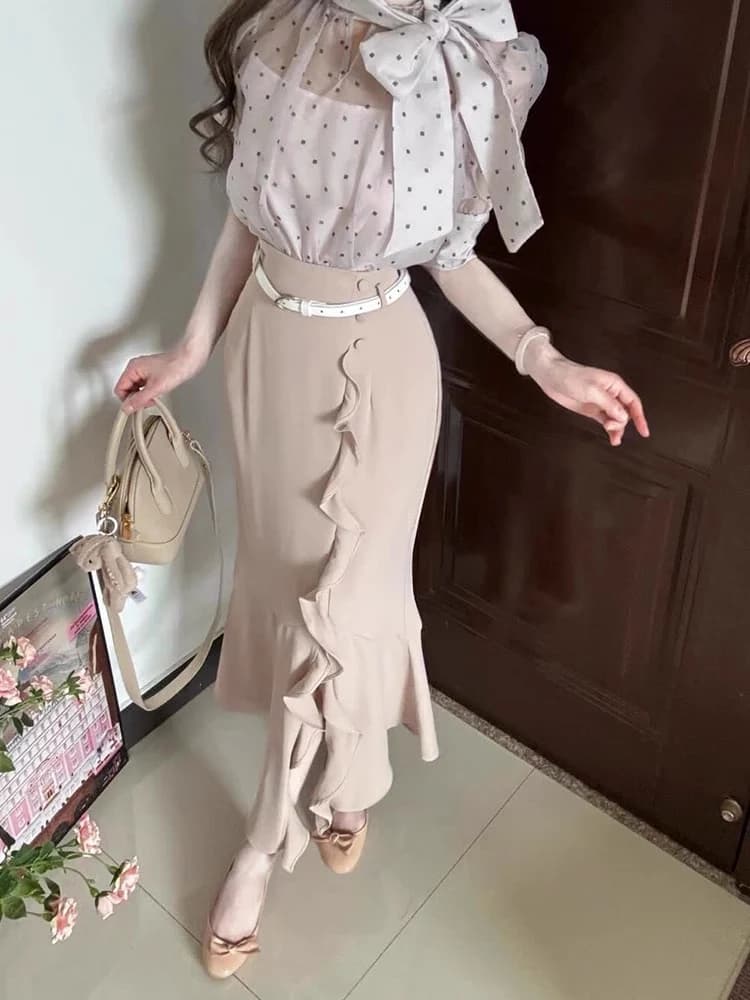 Slimming Summer Outfit with Polka Dot Top And Bubble Sleeve Blouse High Waist Fish Tail Skirt And Knot Design