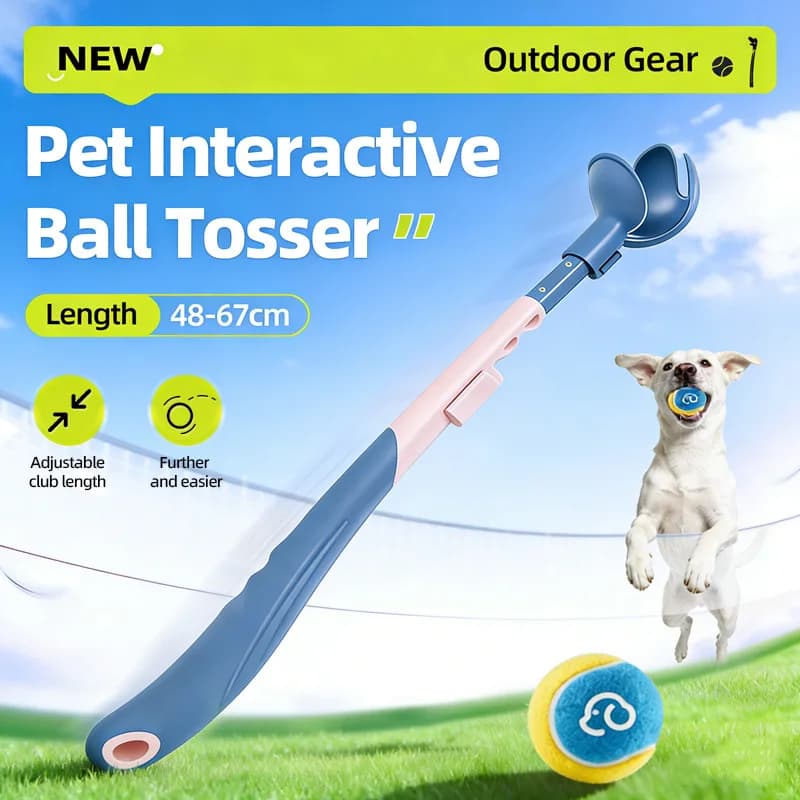 New Retractable Dog Ball Thrower Stick, Hands-Free No Bending Pet Fetch Tennis Ball Launcher Toy