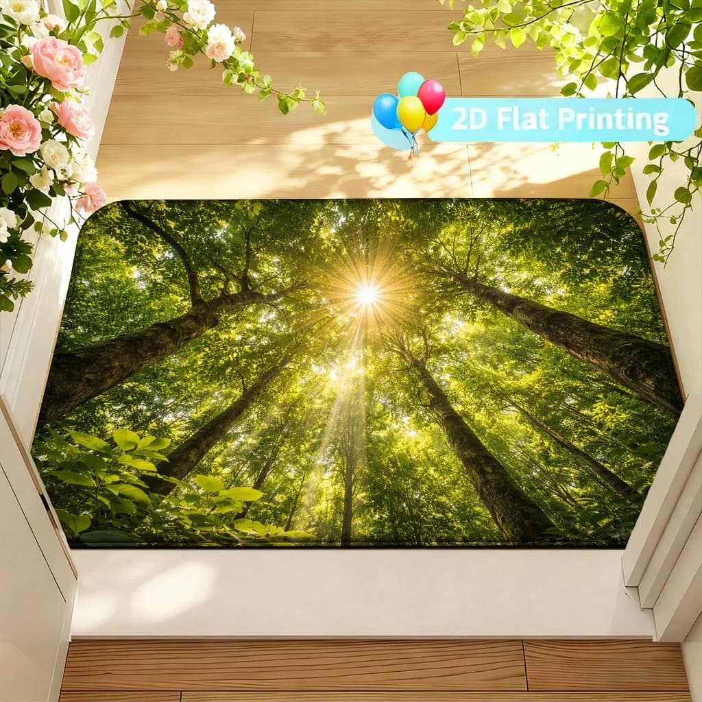 [JIT Product]2D Flat Print, Summer Sunshine Forest Pattern Printed Doormat, Soft Flannel Welcome, Non-Slip, Washable, Foldable, Suitable Bathroom, Kitchen, Living Room, Bedroom, And Doorways, Spring And Summer Decor MHGJ