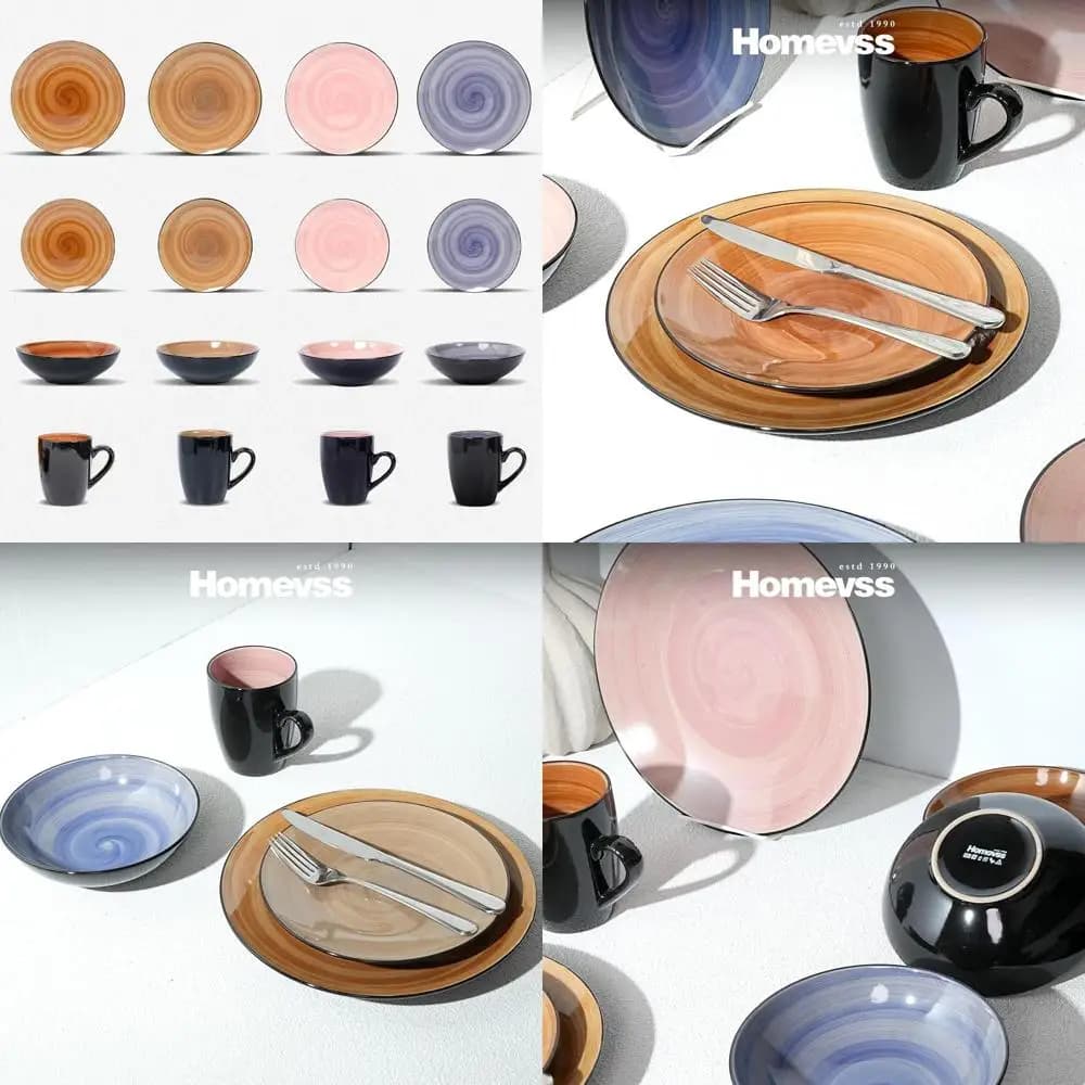 Set di Stoviglie in Gres da 16 Pezzi: Esterno Nero con Disegni Interni Dipinti a Mano in Mocha, Rosa, Spezie e Maculato