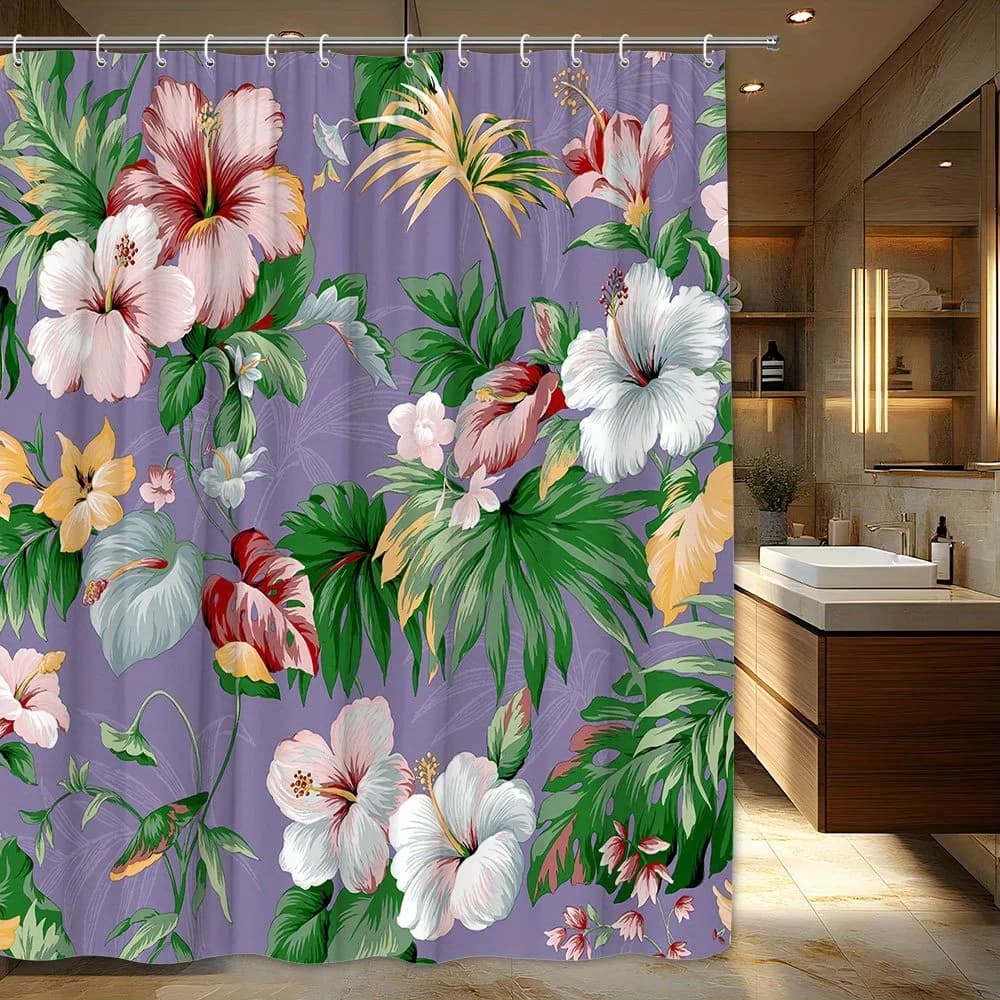 Tenda da doccia floreale extra large con ibisco da 1 pezzo - Decorazione da bagno tropicale con fiori rosa, rosso, bianco, giallo su sfondo lavanda