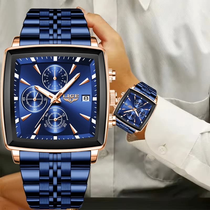 Relogio Masculino LIGE Nuovi orologi da uomo di moda Orologio da polso da uomo quadrato di lusso blu Orologio al quarzo impermeabile in acciaio inossidabile da uomo