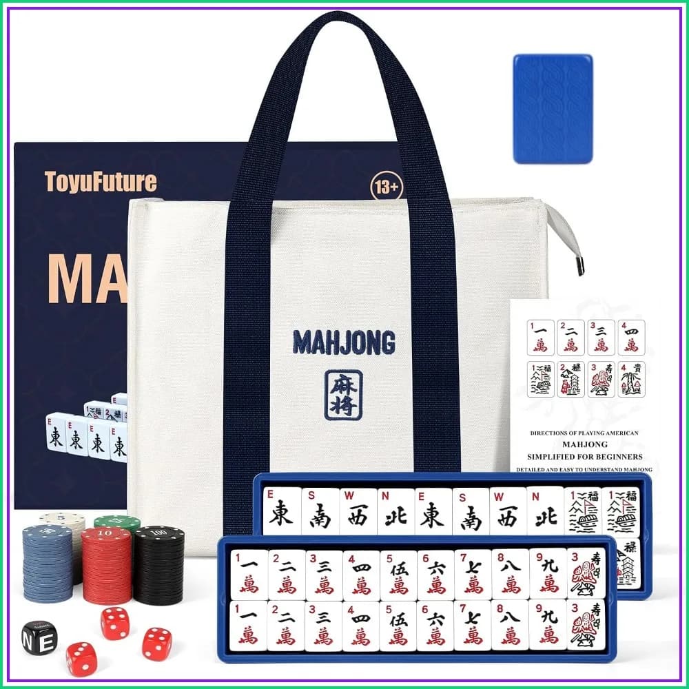 166 Large 1.5" Deluxe Mahjong Tiles Set, American Mahjong Game with Full Accessories & Travel Bag, White & Blue