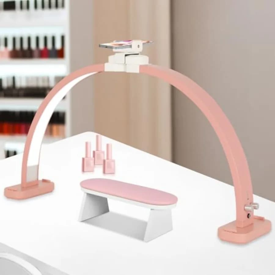 Lampada a Mezzaluna per Scrivania Unghie con Supporto Telefono, Lampada a Mezzaluna Pieghevole da 28 Pollici Migliorata, Luce LED per Manicure ed Estensione Ciglia