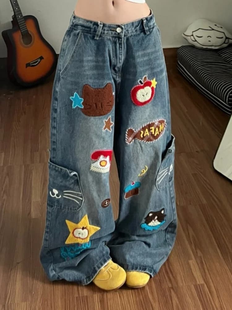 American Retro Cartoon Embroidered Heavy Work Knife Jeans Women Summer High Waist Loose Lazy Casual Wide Leg Long Pants