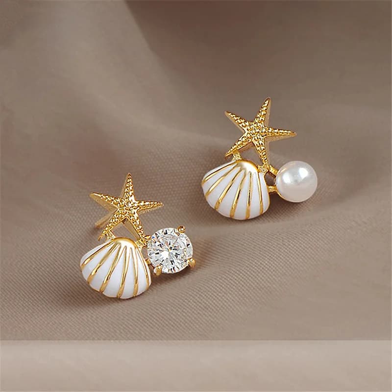 White Pink Shell Starfish Stud Earrings for Women Cute Asymmetric Imitation Pearl Rhinestones Beads Charms Small Ear Jewelry