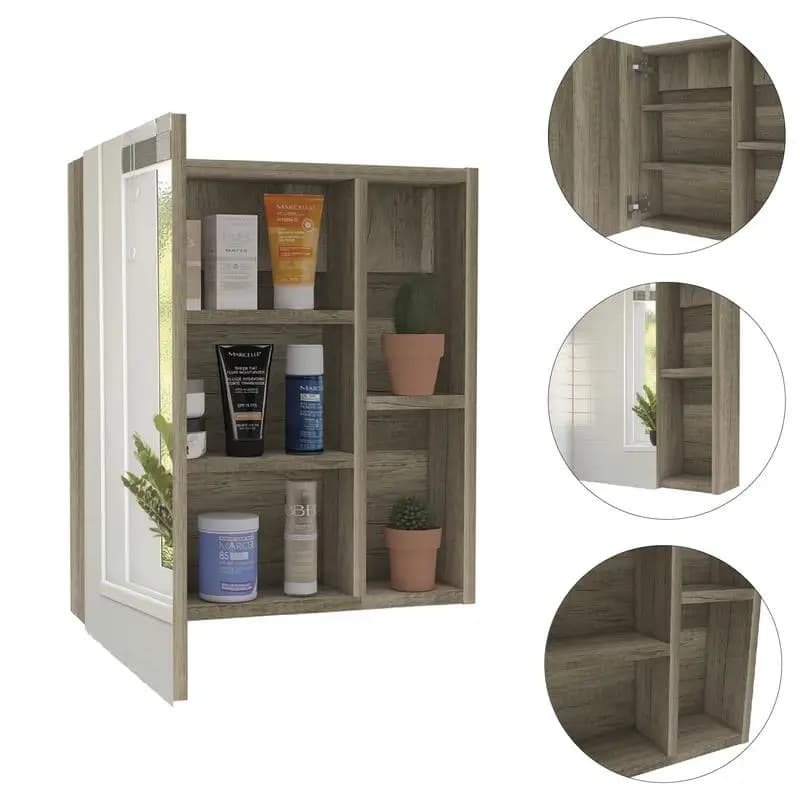 Specchio per armadietto dei medicinali, cinque ripiani, finitura in pino, soluzione di archiviazione elegante per l'organizzazione del bagno