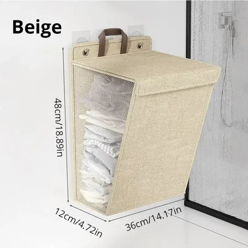 Cesto per Bucato Pieghevole Adesivo, Organizzatore Multifunzionale da Parete Senza Foratura con Gancio a Rete per Lavanderia