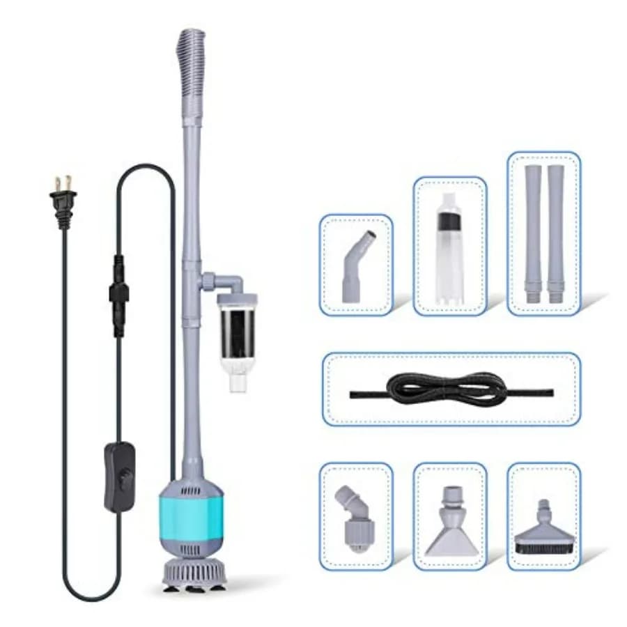 Pulitore Elettrico per Acquario 360GPH, Set di Pulizia Automatico 5 in 1 per Acquario, Aspiratore, Cambio Acqua, Lavaggio Sabbia, Filtro S