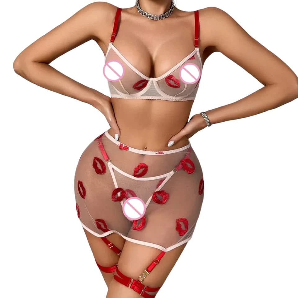 New Women's Mesh Perspective Red Lips Pure Desire Sexy Body Shaping Thin Underwear Split Four Piece Set