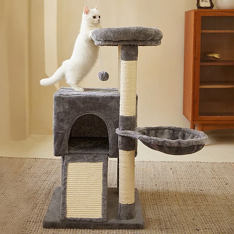 Tiragraffi di Lusso per Gatti con Doppie Cuccette, Ampia Piattaforma, Amaca per Gatti, Palo Tiragraffi Completamente Rivestito in Sisal e Palline Pendenti