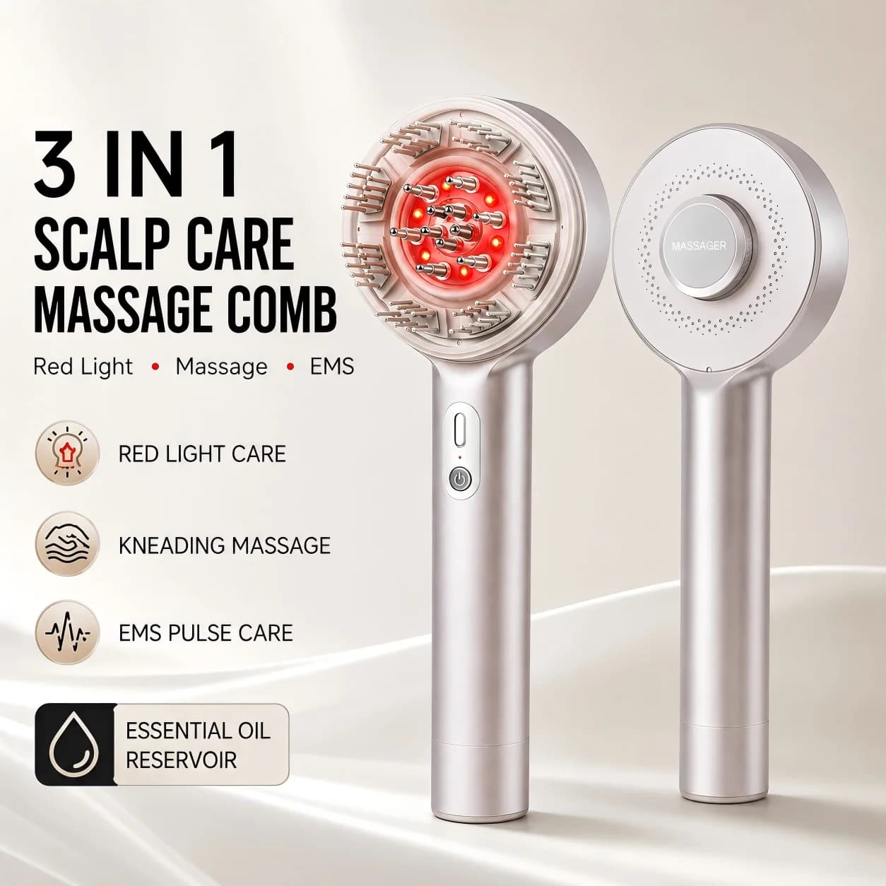 Red Light Scalp Massager Comb EMS Electric Head Massage Brush Essential Oil Reservoir Kneading Hair Care Rechargeable Waterproof
