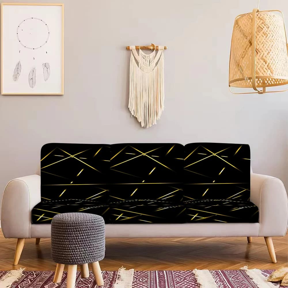 Copertura per Divano da Esterno Estiva con Motivo Geometrico Nero e Oro, in Seta di Latte Altamente Elastica, Adatta per Animali Domestici