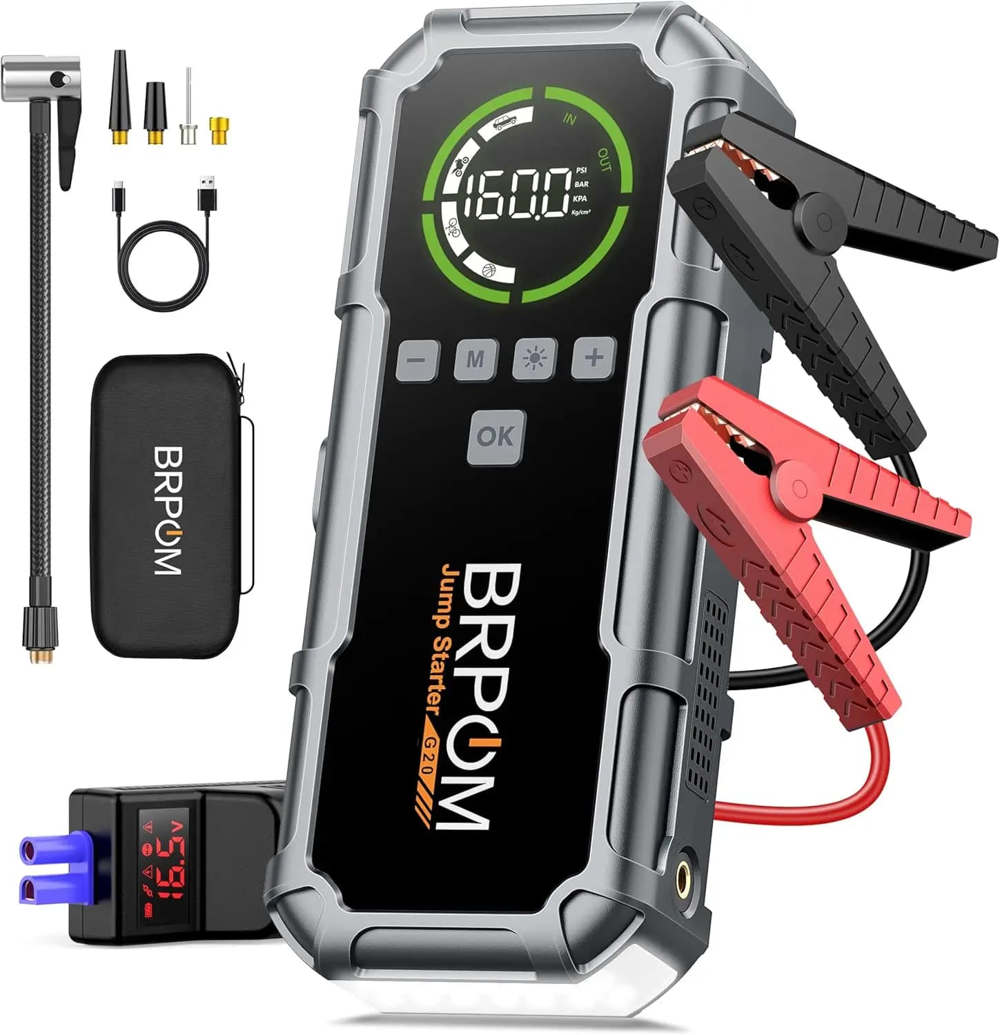 Avviatore d'Emergenza Portatile 8000A con Compressore d'Aria, 160PSI per Benzina/Diesel 12L, Schermo LCD e Luce di Emergenza
