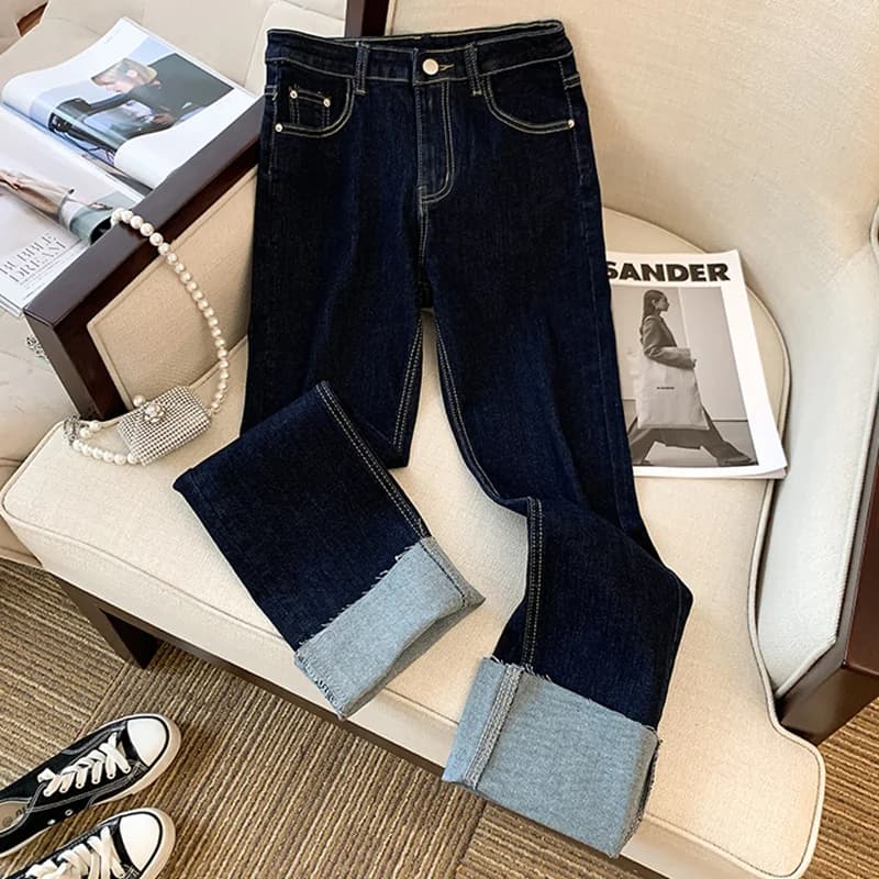 Jeans in denim blu scuro da donna, a vita alta, a gamba dritta, modello coreano, eleganti e alla moda, pantaloni lunghi.