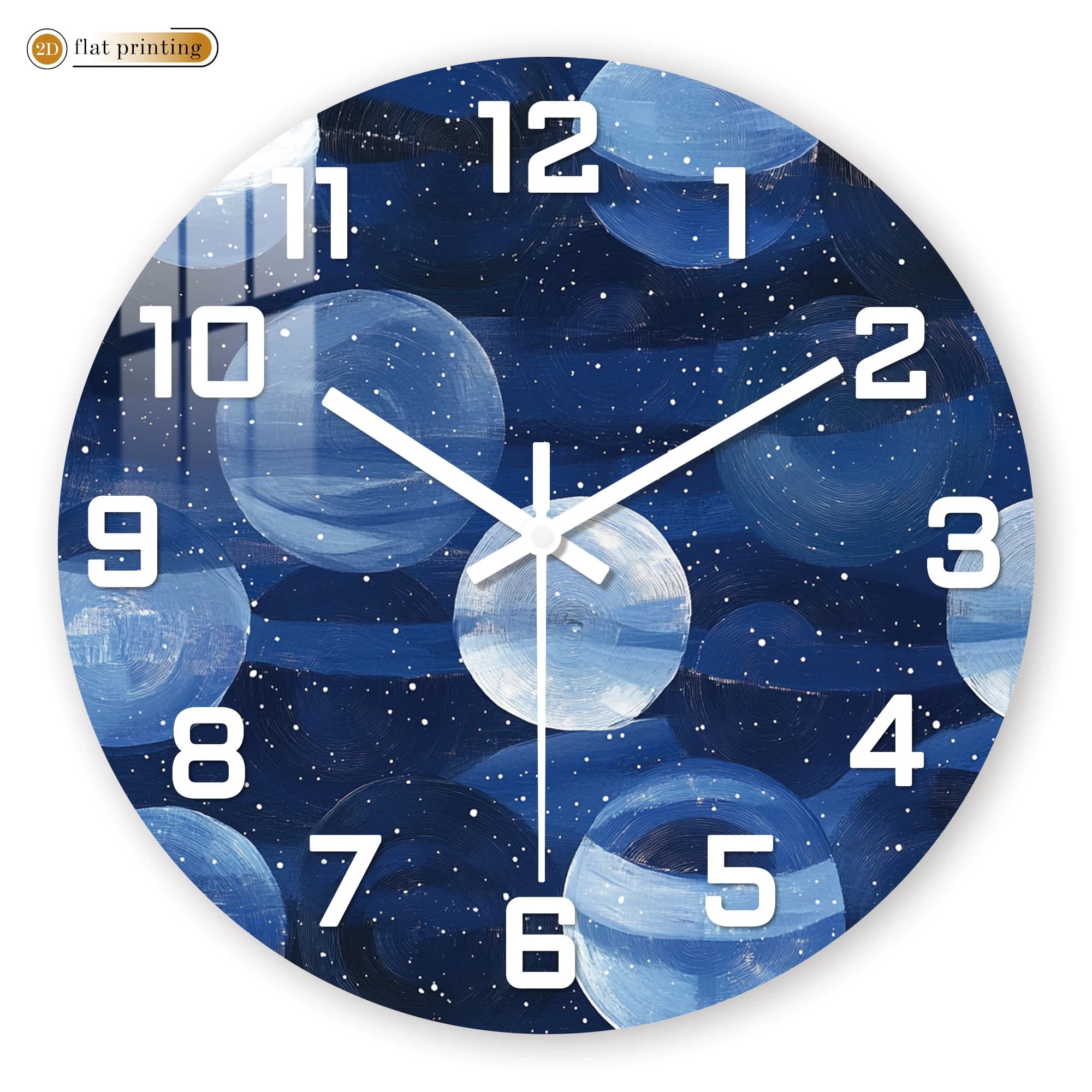 Wall clock with starry night sky design, cosmic furniture for deep blue home office, decorative watch with silent quartz movement