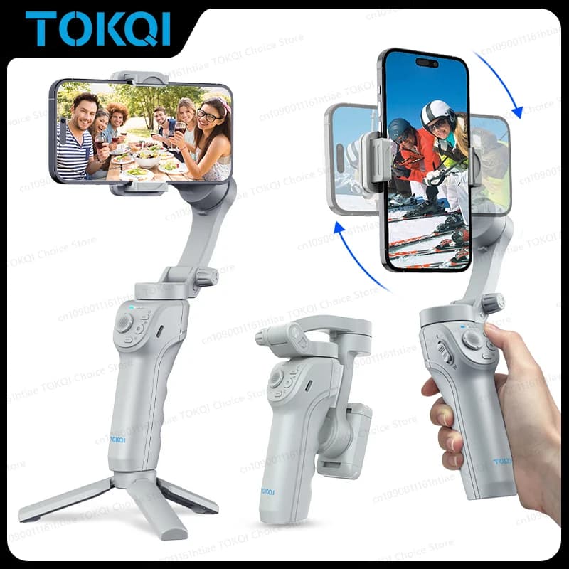 TOKQI M01 3-Axis Hand Phone Stabilizer, Foldable Support with Tripod and Selfie Filling Light, Ideal for Vlogging and TikTok Video Recording on iPhone and Android