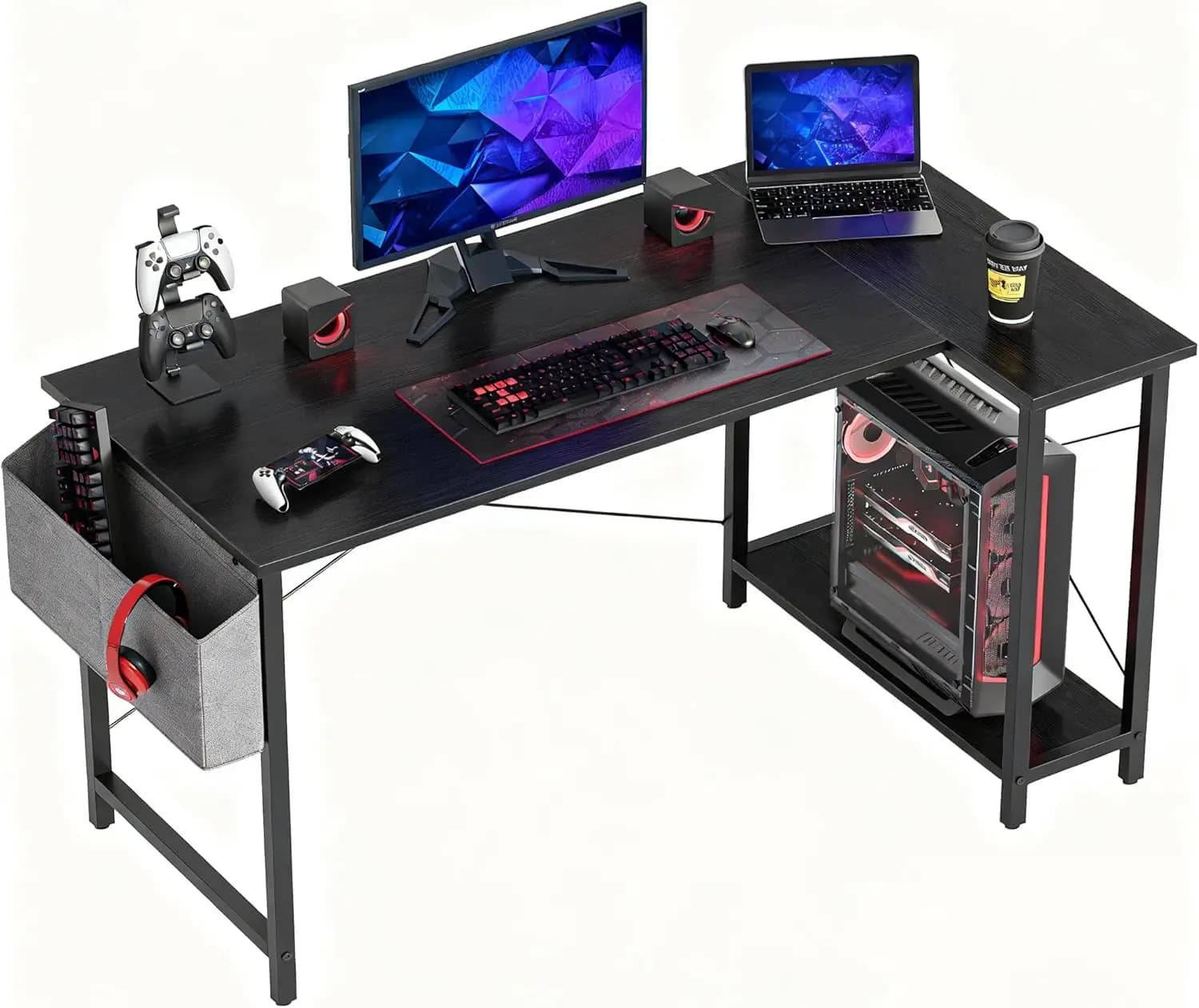 Scrivania per Computer a L da 55 Pollici con Ripiani Reversibili, Tavolo Angolare Nero per Ufficio Domestico, Studio e Gaming