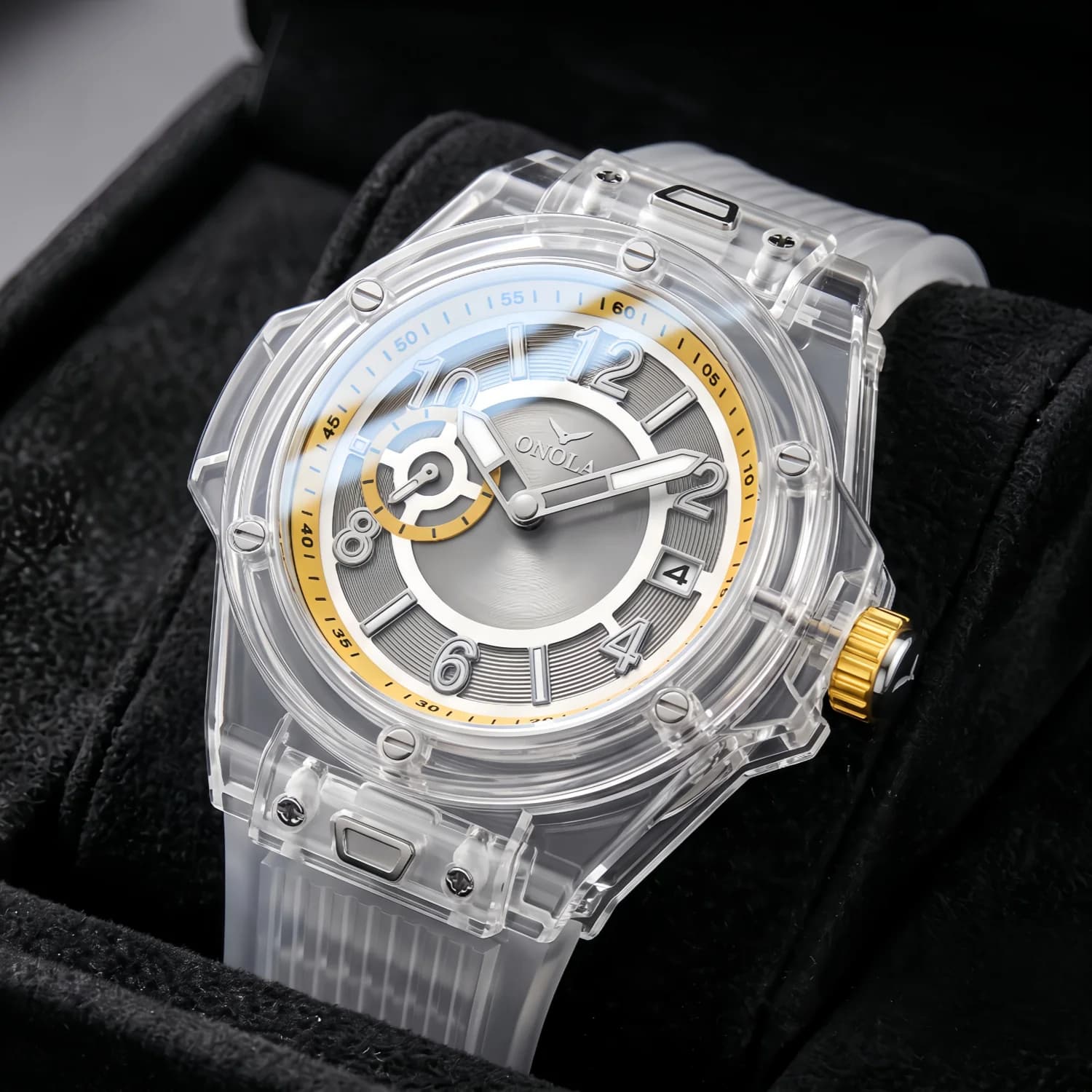 ONOLA Men's Fashion Quartz Watch Transparent Case Silicone Strap Waterproof Night Light Suitable for Daily Outdoor Use