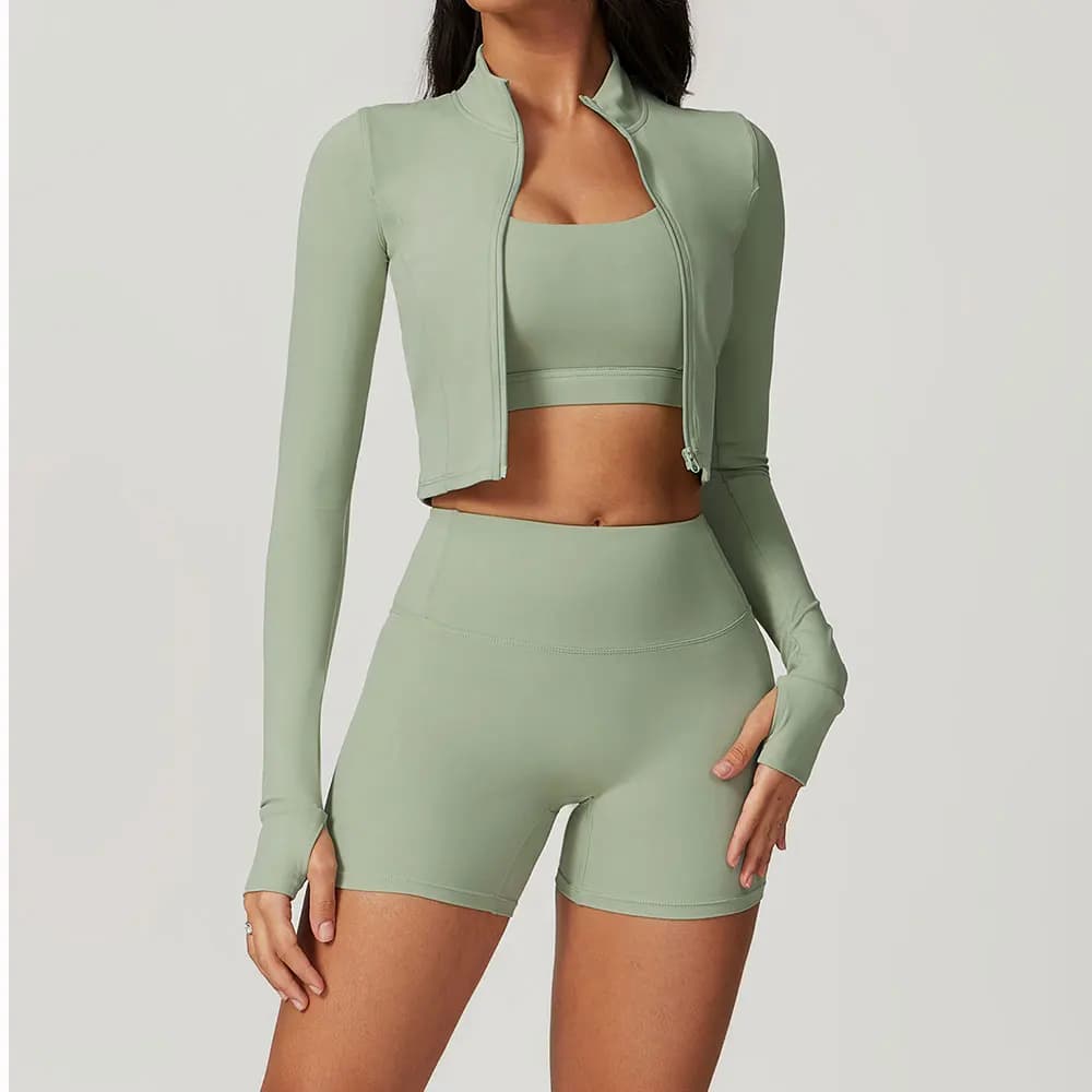 Set da yoga da 3 pezzi Set da allenamento per donna Abbigliamento sportivo Abbigliamento da palestra Fitness cerniera Manica lunga Leggings a vita alta Tute sportive Tuta da yoga
