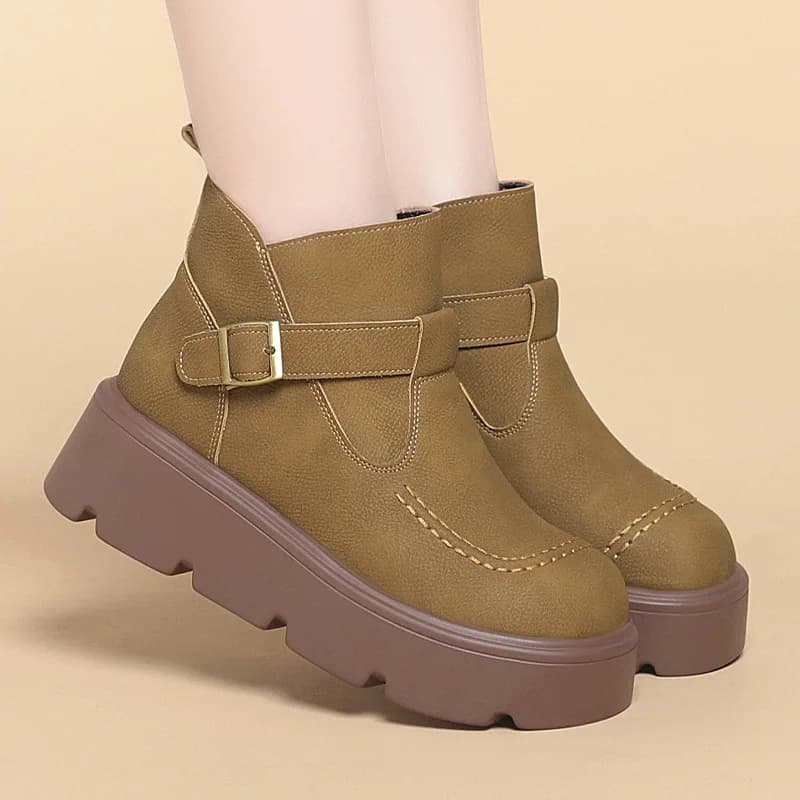 5cm Comfortable Casual Shoes Winter Soft Leather Short Boots 2025 Flat Platform Thick Sole Warm Fur Snow Ankle Boots Office Mom