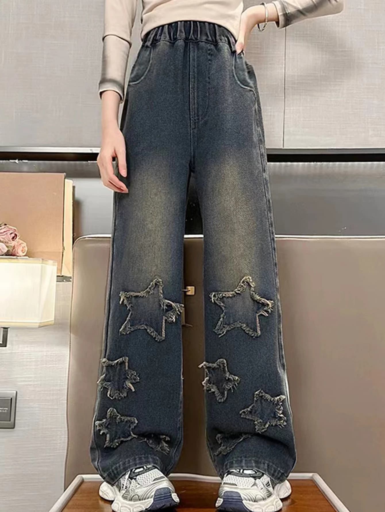 Jeans a Gamba Larga per Ragazze Adolescenti con Ricamo a Stella, Pantaloni in Denim Casual e Comodi per Ragazze delle Scuole Medie