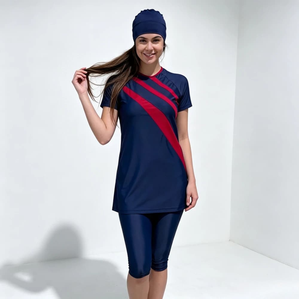 Navy Red Stripe 3 Pcs Modest Burkini Swimwear Short Sleeve Tunic Top Knee Capri Leggings Swim Cap UPF Muslim Beach Swimsuit Set