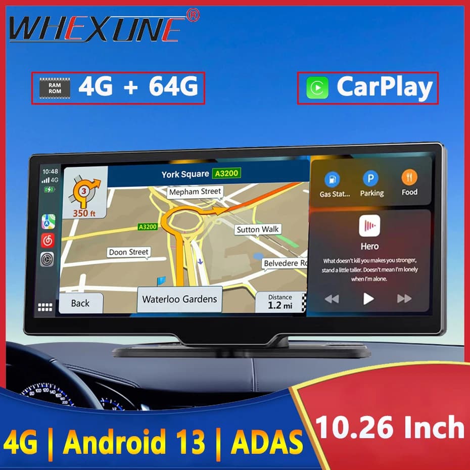 Specchietto Retrovisore con Dash Cam 4G+64G, Schermo 10.26 Pollici, Android 13, GPS, Carplay, Android AUTO, Doppia Lente, Registratore Video