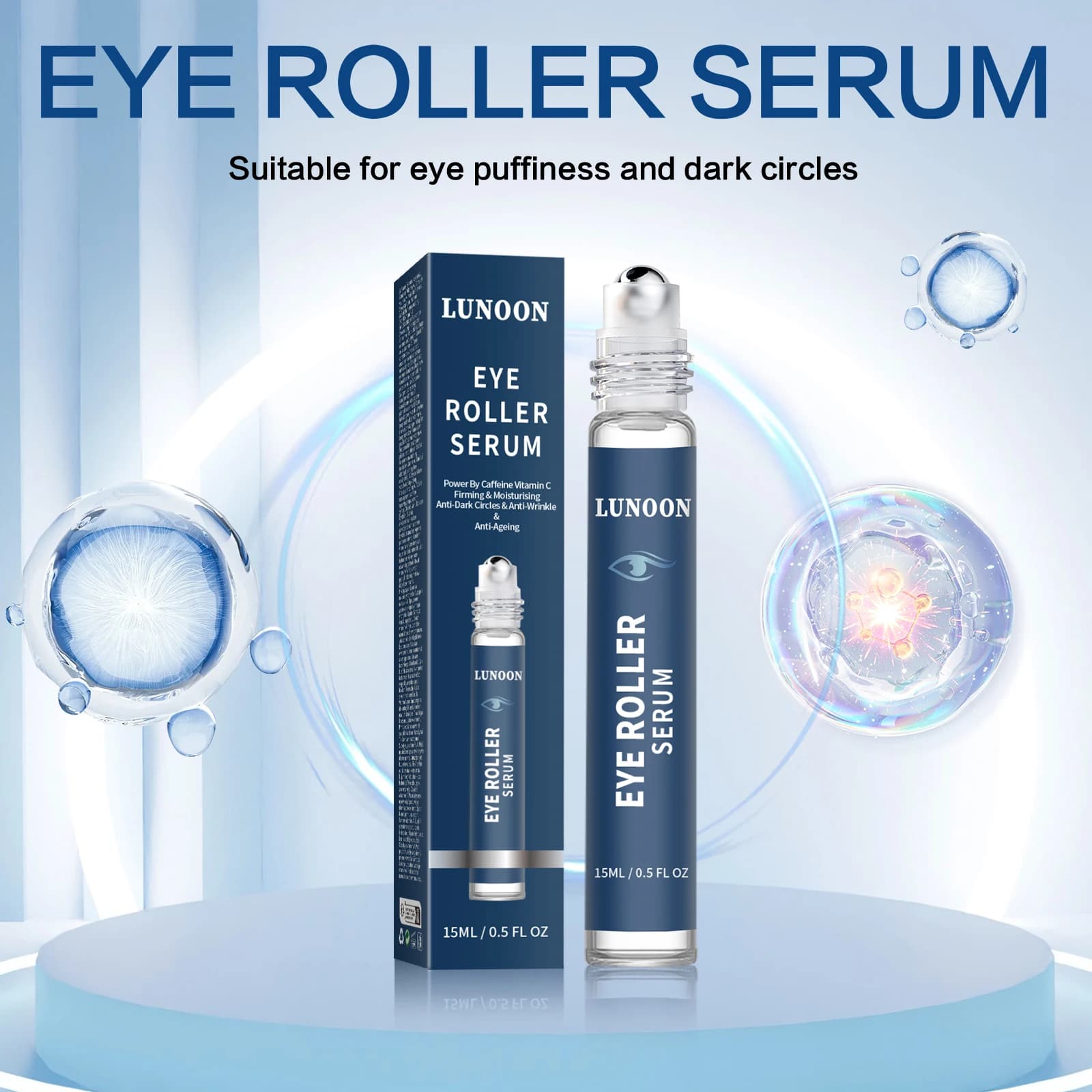 LUNOON Caffeine Eye Roller Serum 15ml with Vitamin C, Hydrating Under Eye Care for Puffiness Fine Lines Brightening Skin Care