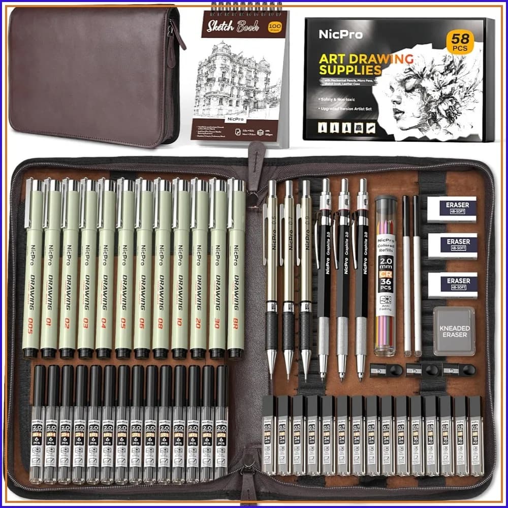 58 PCS Art Drawing Supplies Kit in Leather Case, Mechanical Pencil Set with 6 Metal Drafting Pencils 0.5/0.7/0.9/2mm, 12 Micron Pens, Sketch Book, 30 Tube Lead Refills for Sketching
