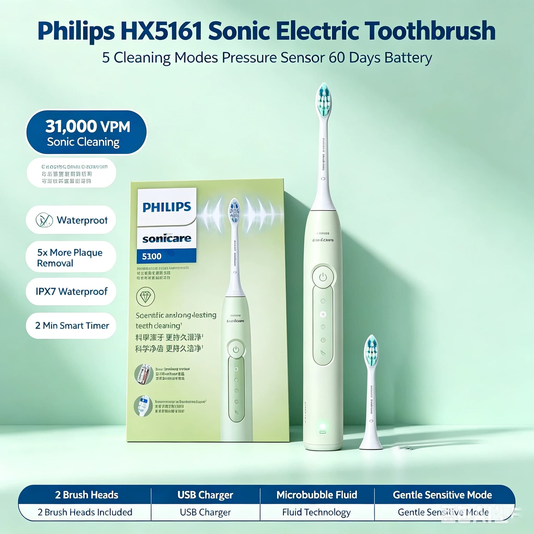 Philips Sonicare HX5161 Sonic Electric Toothbrush 5 Modes Built-in Pressure Sensor Microbubble Tech USB Rechargeable Tooth Brush