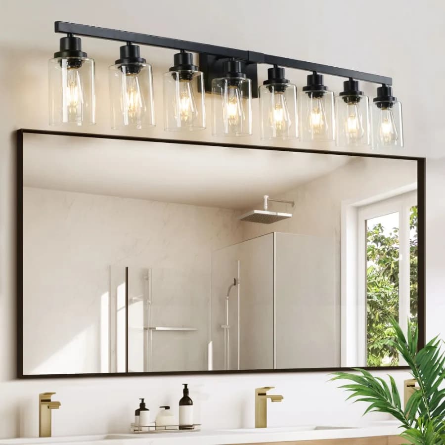 Lampada da parete a 8 luci nera 51 con paralumi in vetro trasparente, moderna in ferro battuto, ideale per specchio e bagno