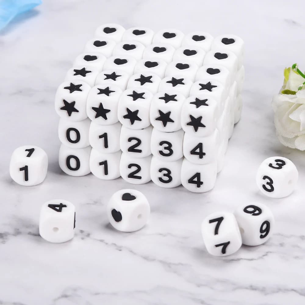 LOFCA 12mm lettere in silicone perline stella/cuore/numeri arabi perline da masticare perline dell'alfabeto per creazione di gioielli braccialetto fai da te sfuso