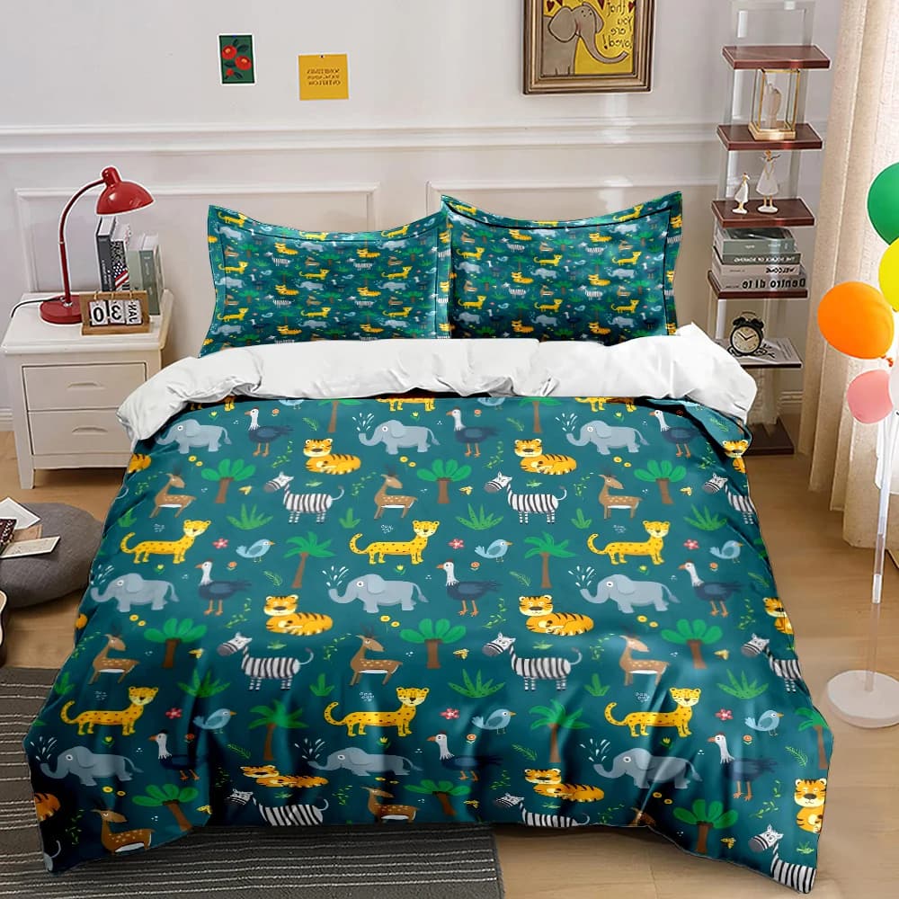 Set copripiumino con motivo animali e natura, stampa digitale, biancheria da letto colorata in poliestere con chiusura a cerniera, per regali per bambini